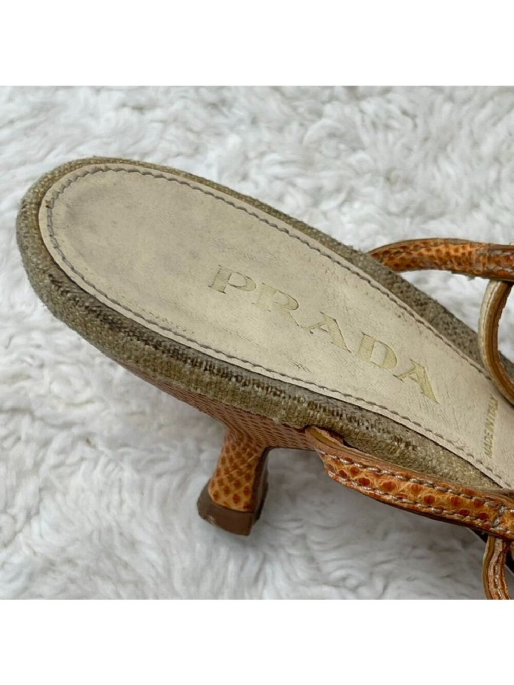 Vintage Prada Slingback Mules Size 36 Orange Snakeskin Leather Buckle Kitten Hee - Picture 12 of 15